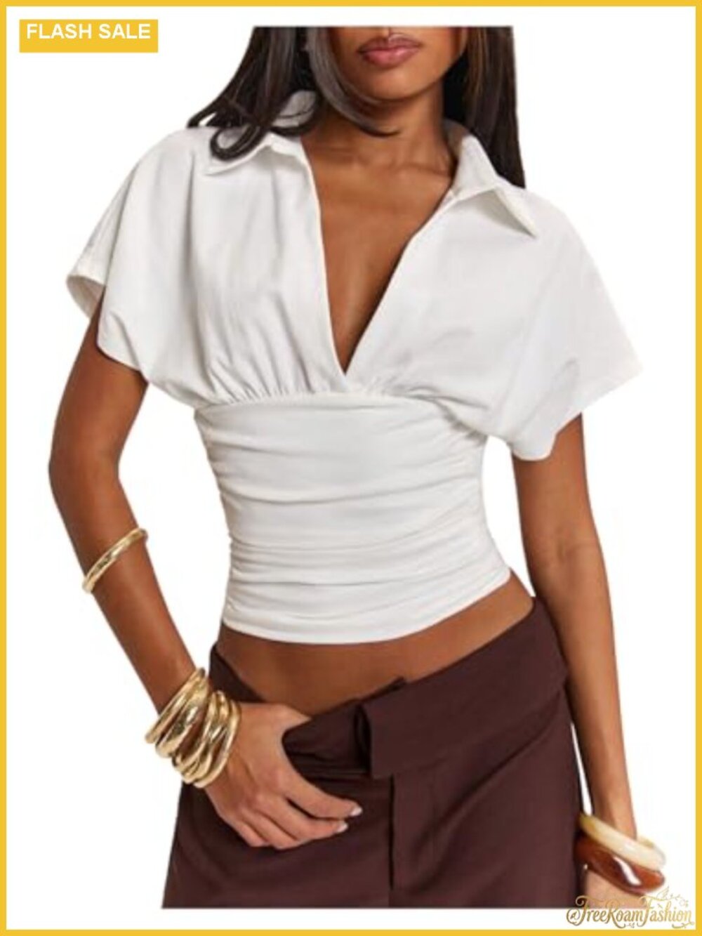 Women's Ruched Cinched Waist Deep V Neck Crop T-Shirt, High Stretch Soft